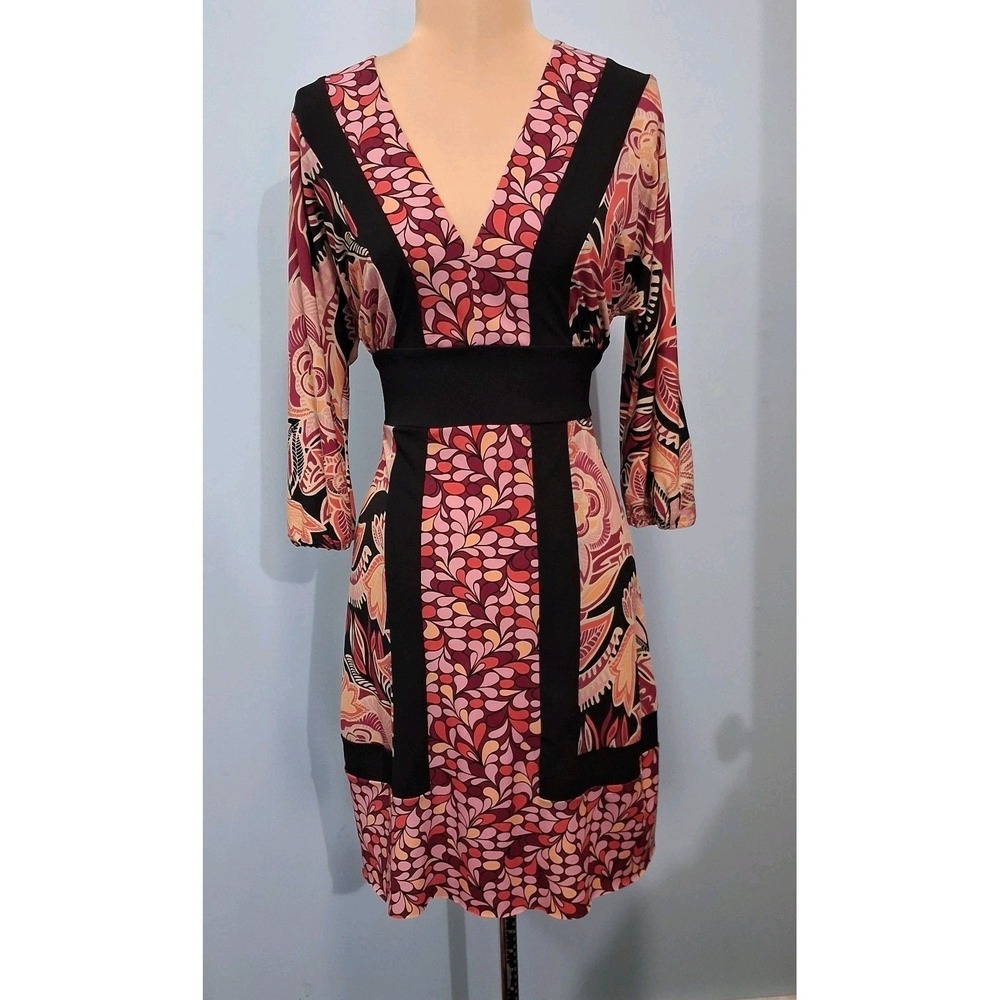 Bisou Bisou Ladies Sz S V Neck Tie Back Empire Waist Geometric Print Dress